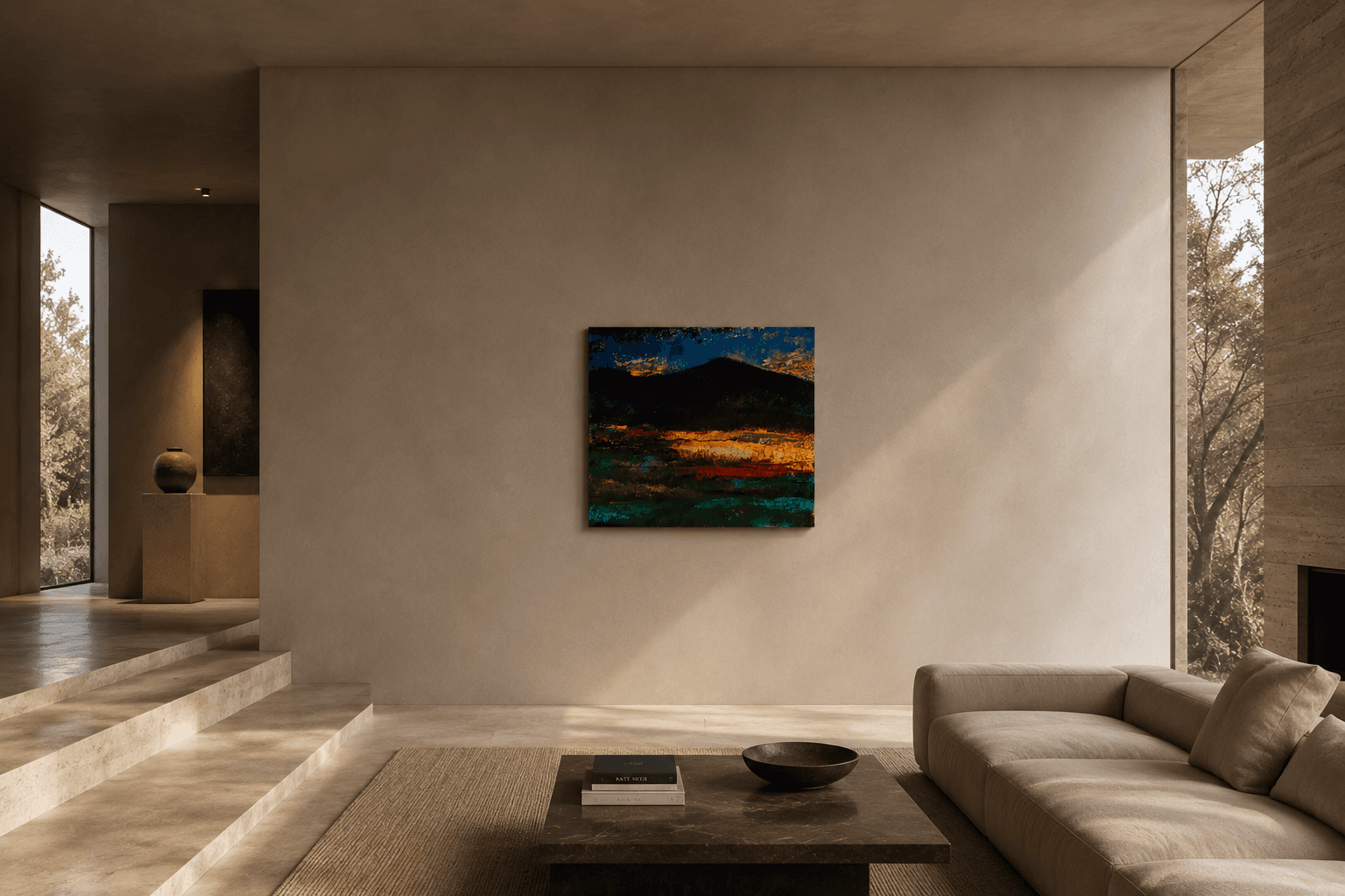 A contemporary artwork presented in a quiet interior setting